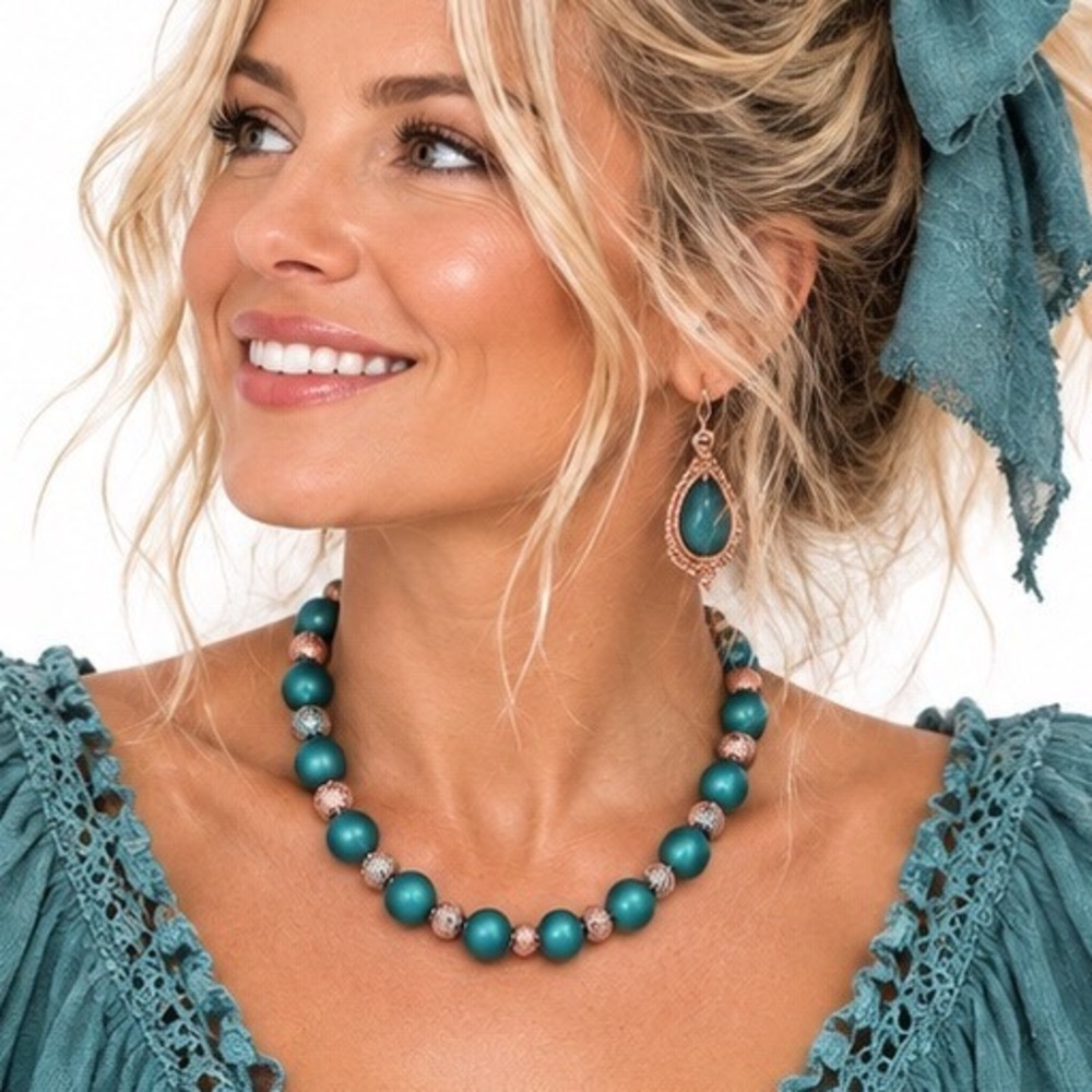Pearly Teal & Rose Gold Necklace Textured Beads Satin Finish Magnetic Clasp